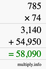 How to calculate 785 times 74 using long multiplication