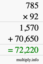 How to calculate 785 times 92 using long multiplication