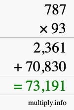 How to calculate 787 times 93 using long multiplication