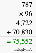 How to calculate 787 times 96 using long multiplication