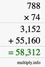 How to calculate 788 times 74 using long multiplication