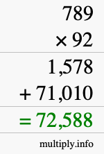 How to calculate 789 times 92 using long multiplication