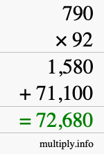 How to calculate 790 times 92 using long multiplication