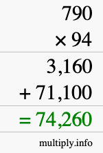 How to calculate 790 times 94 using long multiplication