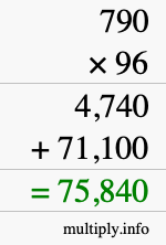 How to calculate 790 times 96 using long multiplication
