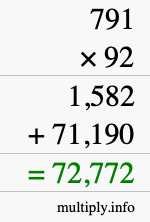 How to calculate 791 times 92 using long multiplication