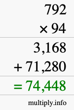 How to calculate 792 times 94 using long multiplication