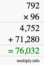 How to calculate 792 times 96 using long multiplication
