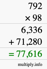 How to calculate 792 times 98 using long multiplication