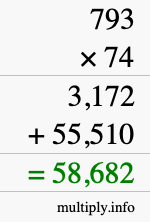 How to calculate 793 times 74 using long multiplication
