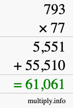 How to calculate 793 times 77 using long multiplication