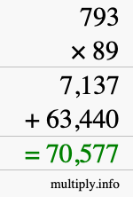 How to calculate 793 times 89 using long multiplication