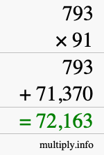 How to calculate 793 times 91 using long multiplication