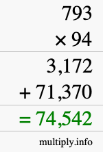 How to calculate 793 times 94 using long multiplication