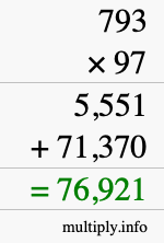 How to calculate 793 times 97 using long multiplication