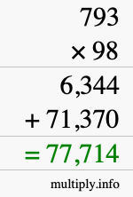 How to calculate 793 times 98 using long multiplication