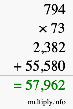 How to calculate 794 times 73 using long multiplication