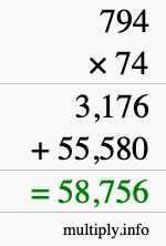 How to calculate 794 times 74 using long multiplication