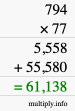 How to calculate 794 times 77 using long multiplication