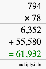 How to calculate 794 times 78 using long multiplication
