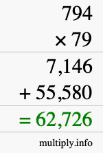 How to calculate 794 times 79 using long multiplication