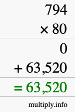 How to calculate 794 times 80 using long multiplication