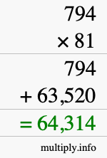 How to calculate 794 times 81 using long multiplication