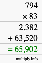 How to calculate 794 times 83 using long multiplication