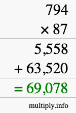 How to calculate 794 times 87 using long multiplication