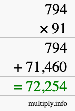 How to calculate 794 times 91 using long multiplication