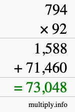 How to calculate 794 times 92 using long multiplication
