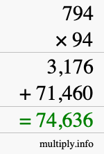 How to calculate 794 times 94 using long multiplication