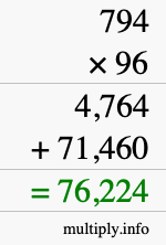 How to calculate 794 times 96 using long multiplication
