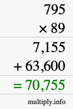 How to calculate 795 times 89 using long multiplication