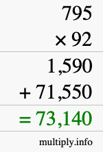 How to calculate 795 times 92 using long multiplication