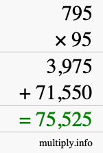 How to calculate 795 times 95 using long multiplication
