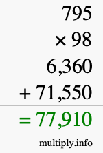 How to calculate 795 times 98 using long multiplication
