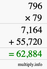 How to calculate 796 times 79 using long multiplication