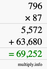 How to calculate 796 times 87 using long multiplication