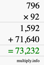 How to calculate 796 times 92 using long multiplication