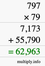 How to calculate 797 times 79 using long multiplication