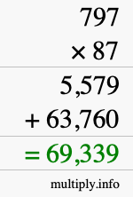 How to calculate 797 times 87 using long multiplication