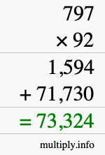 How to calculate 797 times 92 using long multiplication