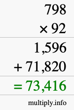 How to calculate 798 times 92 using long multiplication
