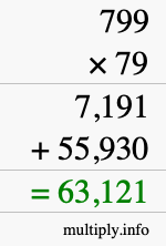 How to calculate 799 times 79 using long multiplication