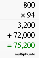 How to calculate 800 times 94 using long multiplication