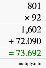 How to calculate 801 times 92 using long multiplication