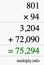How to calculate 801 times 94 using long multiplication