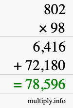 How to calculate 802 times 98 using long multiplication