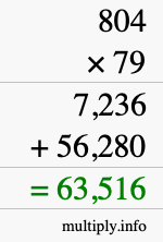 How to calculate 804 times 79 using long multiplication